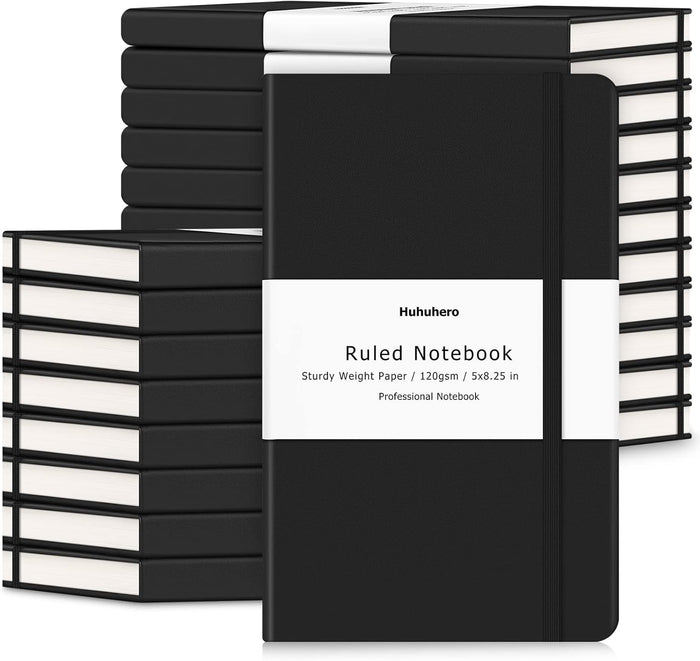 Huhuhero Lined Journal Notebook, 5 Pack Black Hardcover Notebooks for Work Women Men, 120Gsm Thick Paper Leather Journals for Writing Note Taking Business, Journaling School Supplies 5"×8.25"