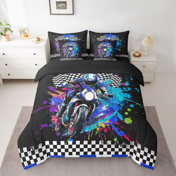 Feelyou Motocross Rider Bed Set for Kids Boys Girls Twin Size Extreme Sports 7 Pieces Beeding Set Ultra Soft Dirt Bike Bed in a Bag with Comforter, Sheets, Pillowcases Racing Themed Room Decor