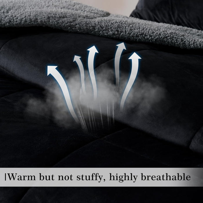 MERITLIFE Fluffy Sherpa Queen Size Bedding Comforter Sets Queen Comforter Set-3 Pieces Bed in a Bag Black Soft Comforter and Pillowcase Luxury Warm Bedding Set for Winter