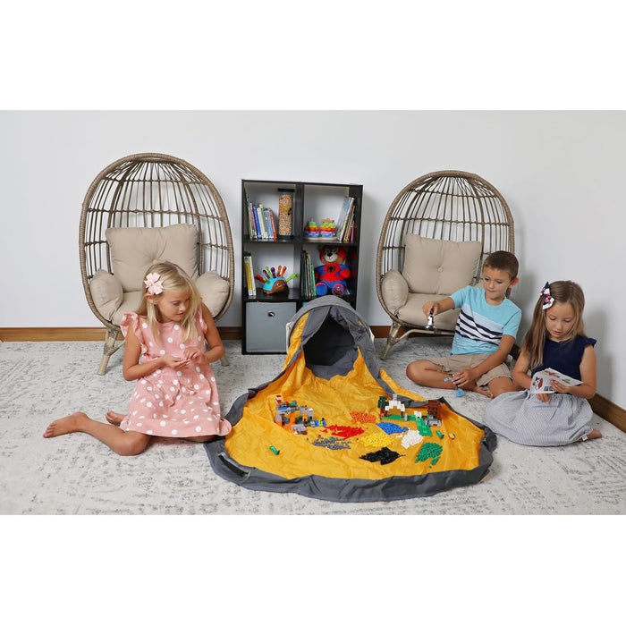 Creative QT SlideAway Toy Storage Organizer & Extra Large 52" Play Mat, Collapsible Storage Bins for Building Bricks, Small Blocks, Toys, Drawstring Cleanup for Kids Playroom & Classroom, Grey