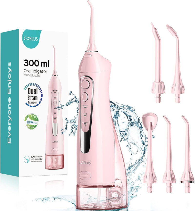 COSLUS Water Dental Flosser Teeth Pick: Portable Cordless Oral Irrigator 300ML Rechargeable Travel Irrigation Cleaner IPX7 Waterproof Electric Flossing Machine for Teeth Cleaning C20(F5020E)