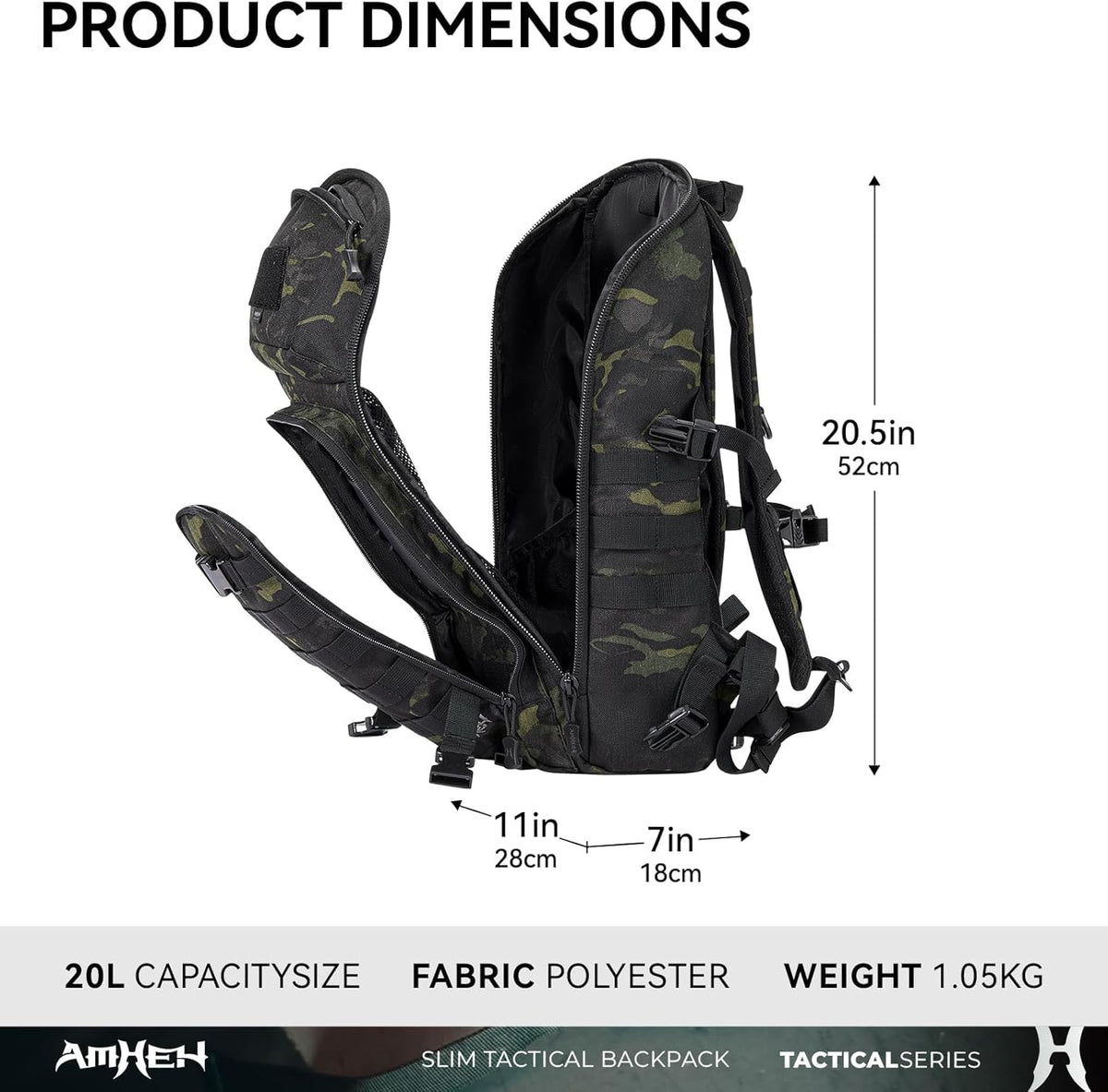 Tactical Backpack Military Slim Army Bag Molle Daypack 20L Outdoors Hiking Camping Travel EDC Pack with Multiple Pockets Waterproof for Men (Black Camo)