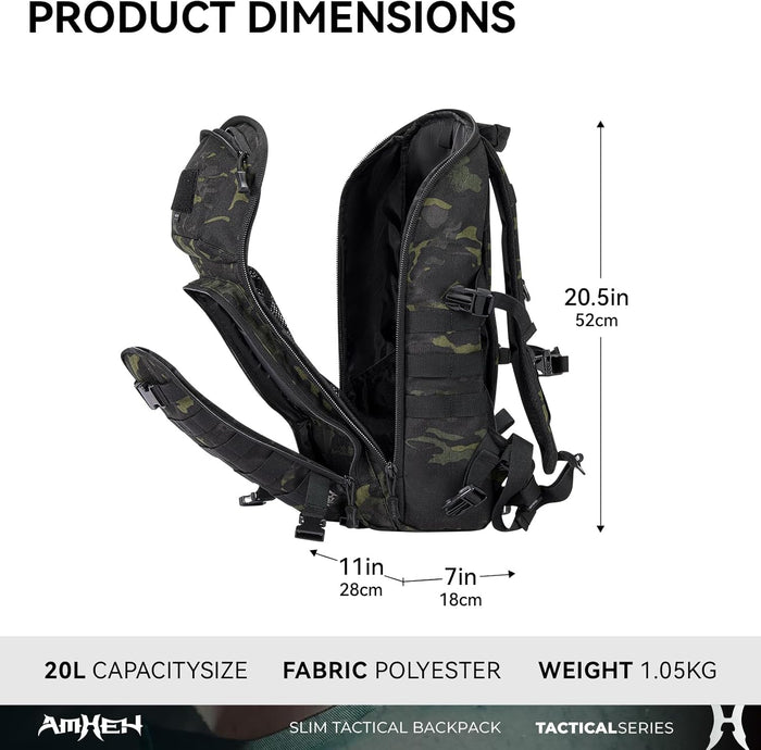 Tactical Backpack Military Slim Army Bag Molle Daypack 20L Outdoors Hiking Camping Travel EDC Pack with Multiple Pockets Waterproof for Men (Black Camo)