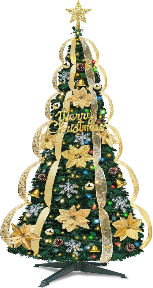 7 Ft Pop Up Full Christmas Tree Prelit 8 Modes 250 Warm White Lights Timer,Pre-Decorated 1 Minute Pull Up Christmas Tree 84 Ornaments UL Plug in Collapsible Xmas Trees Outdoor Indoor Holiday Decor