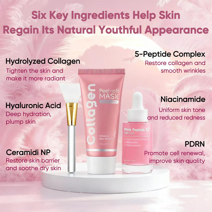 Collagen Face Mask + Peptides & PDRN Plumping Serum, Overnight Hydrolyzed Collagen Peel-Off Mask, Skincare Set wth Niacinamide, Even Skin Tone, Repair & Firm Skin, Reduce Redness (1 Set)