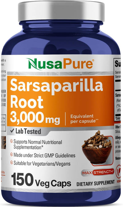 NusaPure Sarsaparilla Root 20:1 Extract, 150 mg Equivalent to 3,000mg | 150 Veggie Caps | Non-GMO