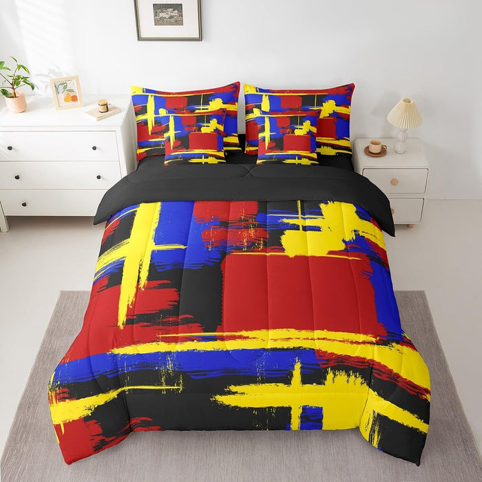 Feelyou Modern Abstract Art Bed Set for Kids Boys Girls Twin Size Art Decor 7 Pieces Beeding Set Ultra Soft Stripe Line Art Bed in a Bag with Comforter, Sheets, Pillowcases Retro Geometric Room Decor