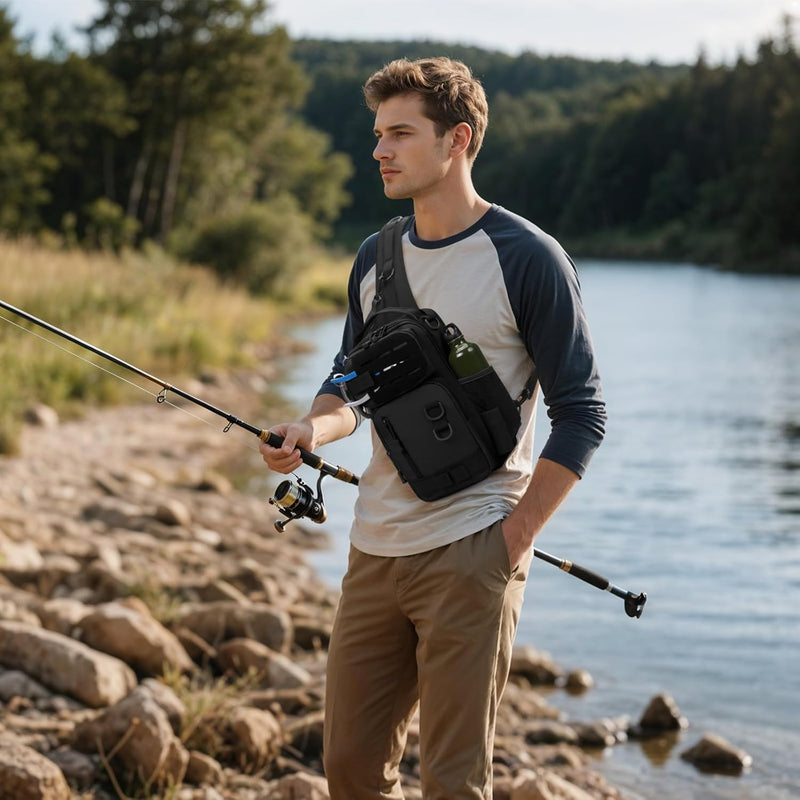 CamGo Small Tactical Sling Bag One Strap Crossbody Fishing Shoulder Pack Molle Backpack for Sport Daily (#02-Black)