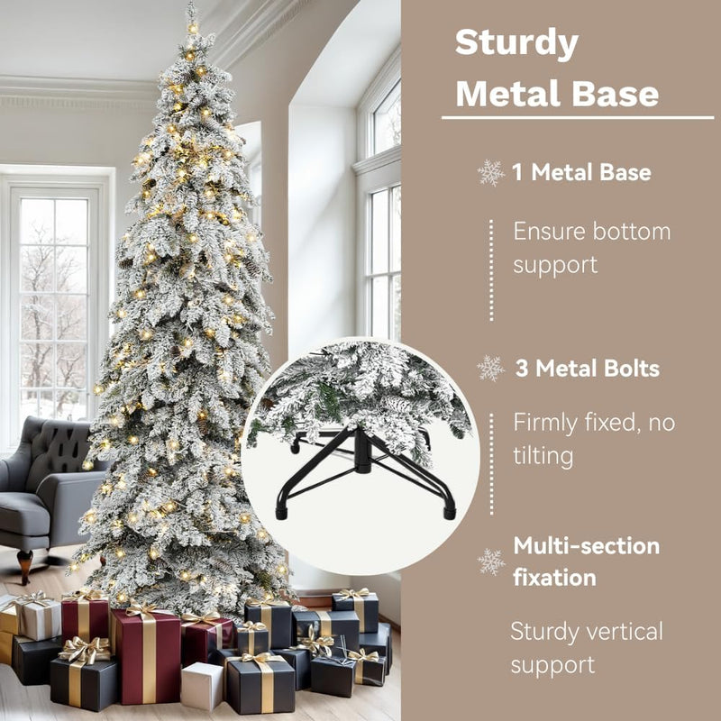 DWVO Pre-Lit Flocked Slender Spruce Artificial Christmas Tree Adorned with 51 Pine Cones, 7.5 FT Authentic Layered Christmas Tree with 350 Lights & 800 Branch Tips for Home Party with Remote Control
