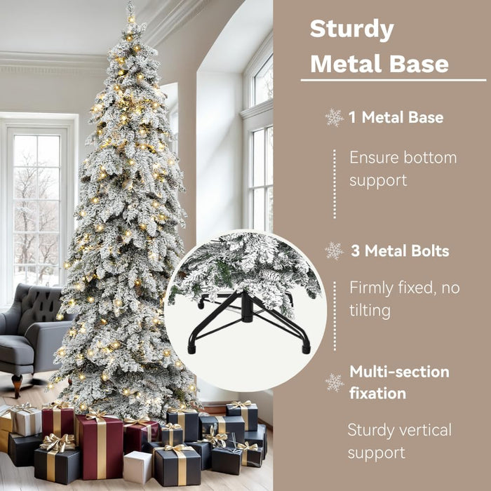 DWVO Pre-Lit Flocked Slender Spruce Artificial Christmas Tree Adorned with 51 Pine Cones, 7.5 FT Authentic Layered Christmas Tree with 350 Lights & 800 Branch Tips for Home Party with Remote Control