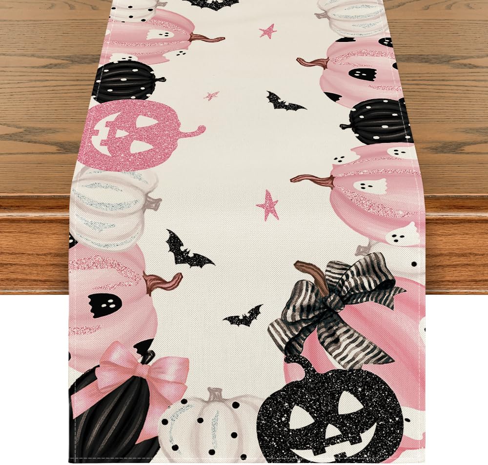 Artoid Mode Pink Jack-O-Lantern Pumpkin Bat Halloween Table Runner, Holiday Kitchen Dining Table Decoration for Indoor Outdoor Home Party Decor 13 x 72 Inch