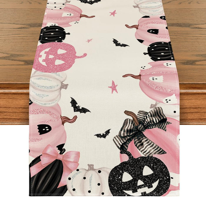 Artoid Mode Pink Jack-O-Lantern Pumpkin Bat Halloween Table Runner, Holiday Kitchen Dining Table Decoration for Indoor Outdoor Home Party Decor 13 x 72 Inch