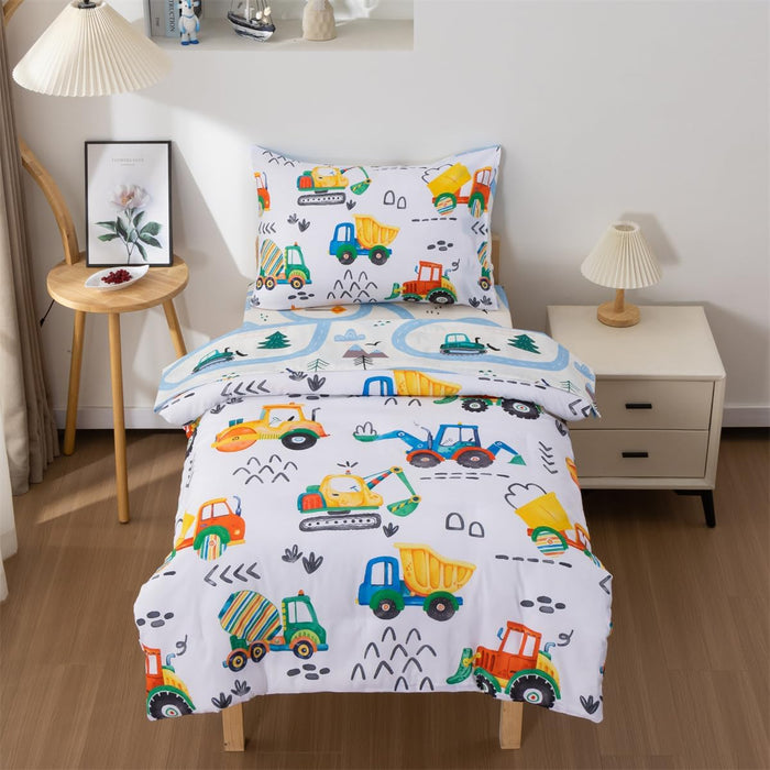 NTBED 4 Pieces Construction Toddler Bedding Set for Baby Boys,Tree Truck Vehicles Excavator Cars Printed, Includes Comforter, Flat Sheet, Fitted Sheet and Pillowcase,Light Grey
