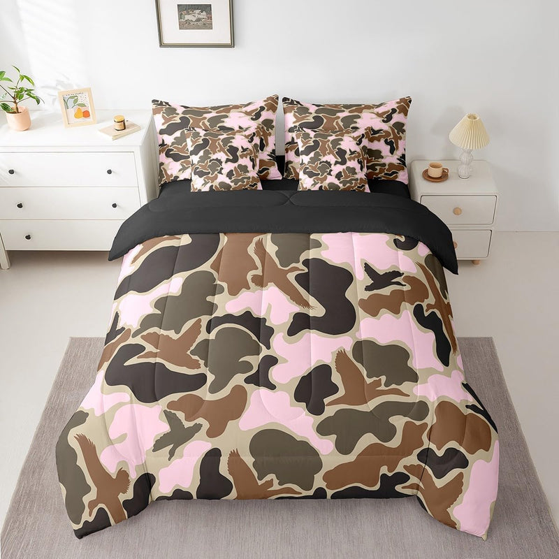 Feelyou Duck Hunter Green Camouflage Hunting 7 Pieces Bedding Set, Queen Size Black Brown All Season,Bed in a Bag with Comforter, Sheets, Pillowcases Camo Army Bed Set Breathable Wild Room Decor