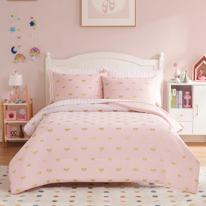 Twin Comforter Set with Sheets for Girls-5 Pieces Twin Bedding Sets with Pink Comforter, Sheets, Pillowcase & Sham for Kids (Pink Gold Heart, 66" X 86")