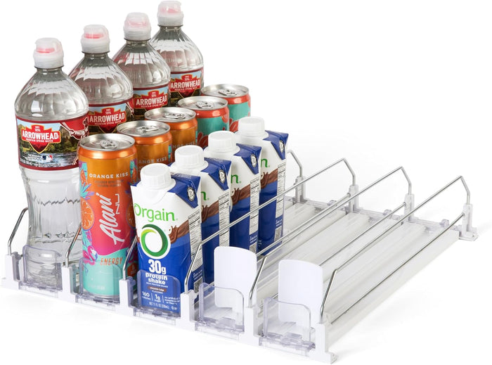 5-Piece Can Organizer for Refrigerator – Spring-Loaded Drink & Bottle Holder for Soda, Water, and More– Sliding Beverage Rack for Fridge, Pantry, Kitchen, RV Storage (White)