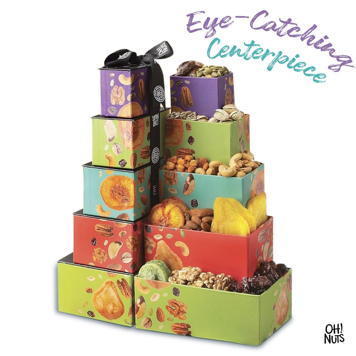 Oh! Nuts 5 Tier Gift Tower - 12 Assorted Dried Fruits and Nuts Gift Basket - Gourmet Healthy Snack Boxes for Holiday, Birthday, Thank You, Corporate Gifting, Parties & Family Celebrations