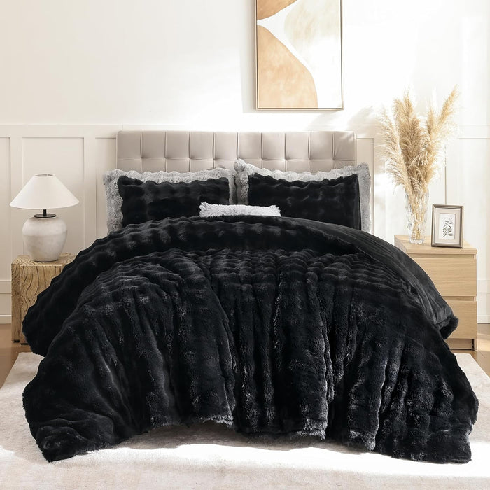 YIKUSH Black Comforter Set Full - Luxurious Faux Fur Comforter for Winter, Fluffy Comforter Queen Set with 2 Pillowcases, Soft Warm Black Bedding Set