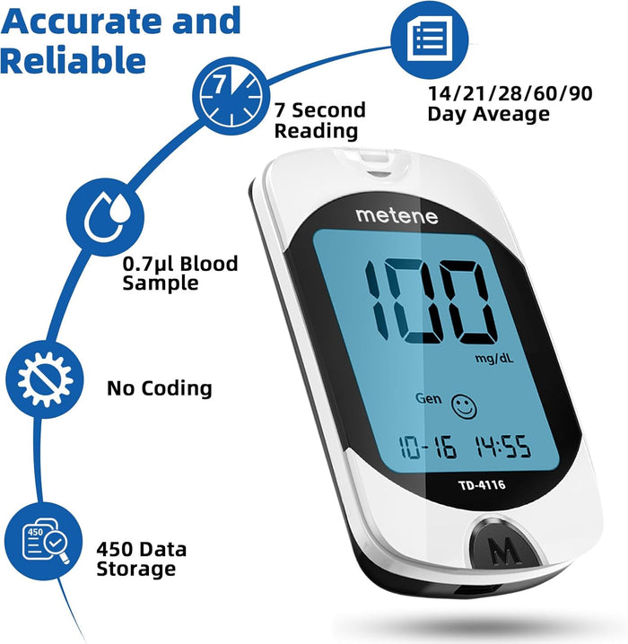 Metene TD-4116 Blood Glucose Monitor Kit, 100 Glucometer Strips, 100 Lancets, 1 Blood Sugar Monitor, Blood Sugar Test Kit with Control Solution, Lancing Device, No Coding, Large Display