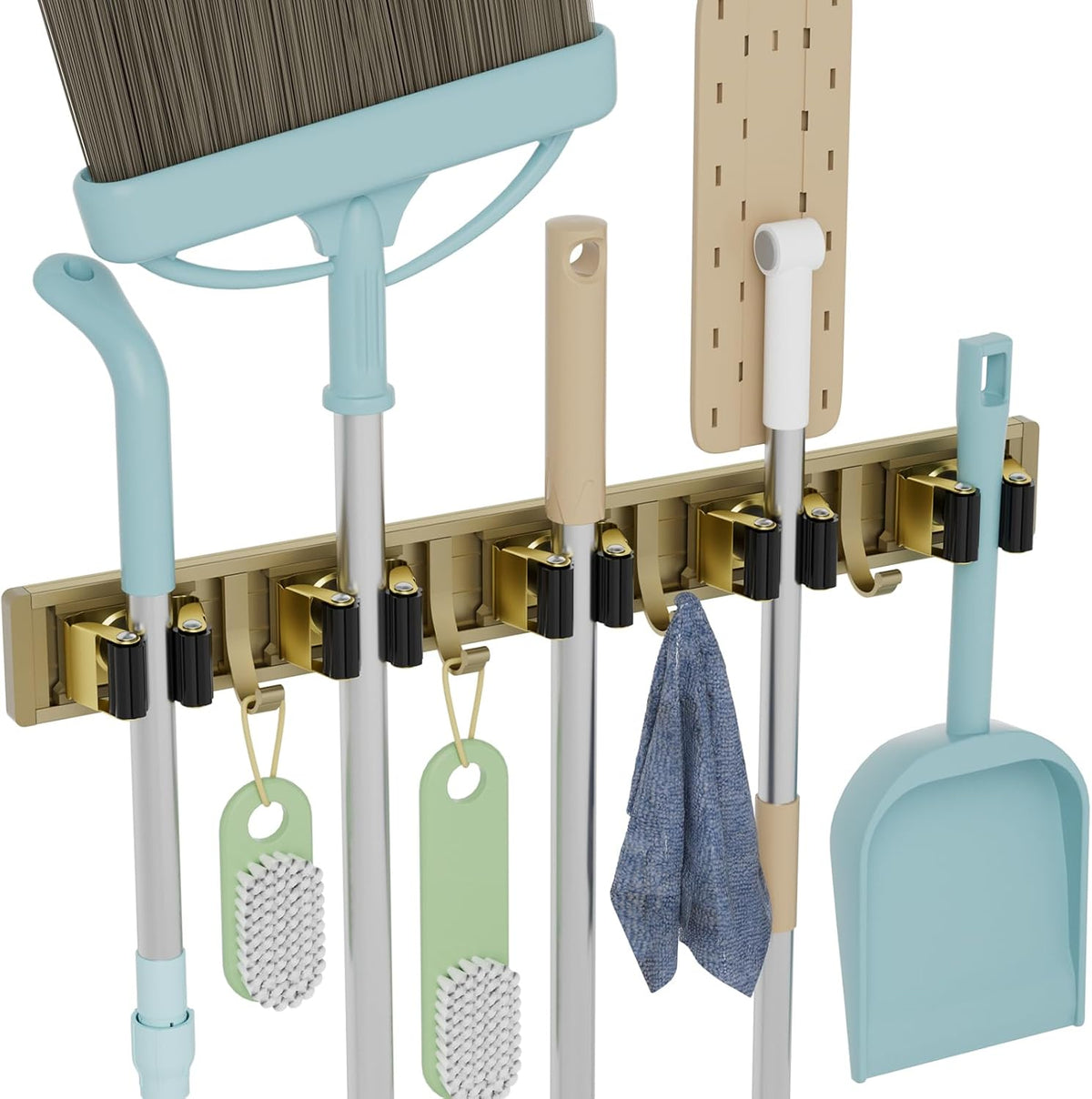 reliahom Broom Holder Wall Mount Mop and Broom Hanger Wall Mounted Garage Storage Rack Kitchen Garden Tool Organizer (4 Racks with 5 Hooks, Black)