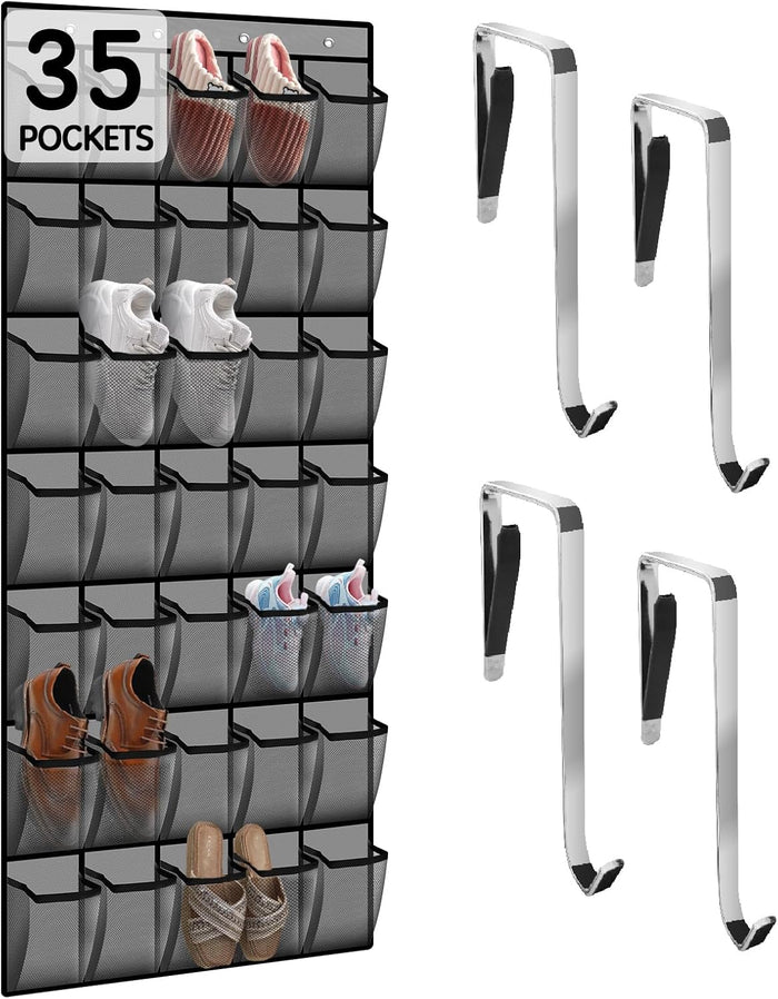 10 Tier Over The Door Organizer - Heavy Duty Hanging Storage Rack with Sturdy Oxford Fabric, Holds 20+ Pairs of Footwear, Boots & Sneakers, Saves 50% Closet Space (Black)