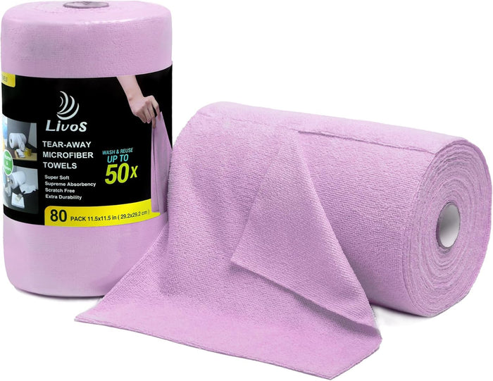 LIVOS Microfiber Cleaning Cloth Roll - 80 Pack, Reusable Paper Towels, Microfiber Towels for Cars, Super Absorbent Lint Free Cleaning Rags for House, Kitchen, Window-Light Purple, 11.5"x11.5"