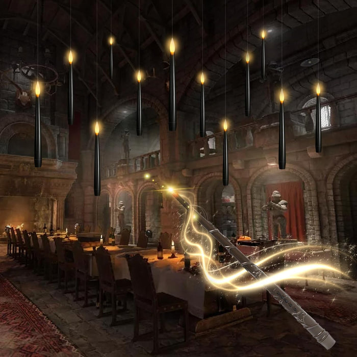 Flameless Floating Candles with Wand，20 Pcs Magic LED Hanging Taper Candles，Flickering Battery Operated Taper Candle with Wand Remote for Halloween Decorations Best Gift（White）
