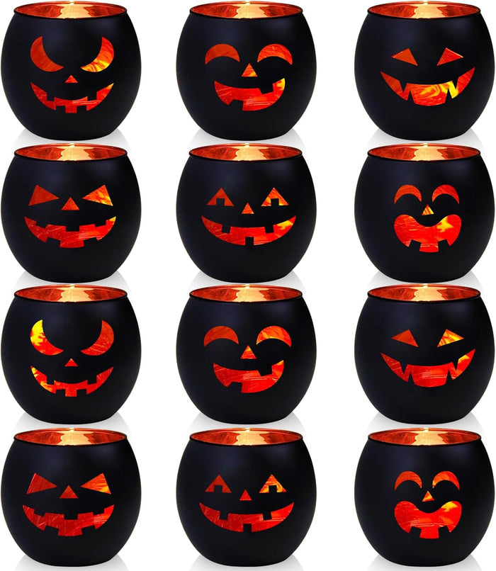 Halloween Table Decor Set of 6, Jack O Lanterns Black Glass Votive Tealight Candle Holders, Halloween Decorations Indoor Party Mantel Coffe Table Centerpiece Decor
