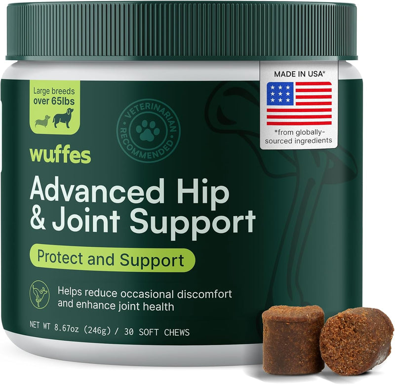 Wuffes Advanced Dog Hip and Joint Supplement with Glucosamine, Chondroitin, Omega 3, MSM, and Green Lipped Mussel, 60 Pork Flavored Chews for Small and Medium Dog Breeds