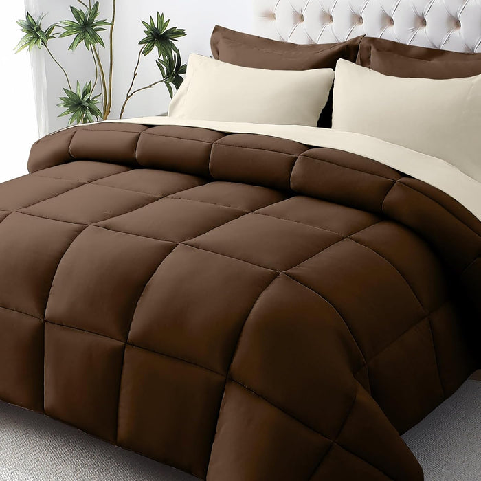 JOLLYVOGUE Queen Comforter Set, Ultra-Soft Bed in a Bag Queen Size 7 Pieces, Oeko-TEX Certified Bedding Set with Down Alternative Comforter, Sheets, Pillowcases & Shams, Beige
