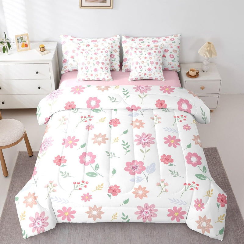 Feelyou Cute Flower 7 Piece Bedding Set Twin Size Kids Cartoon Cute Floral Bed in a Bag for Kids Girls Teens Toddler Yellow Pink Comforter Set with Sheets Kawaii Bed Set