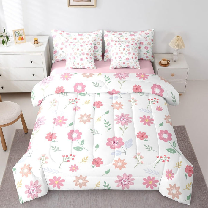 Feelyou Cute Flower 7 Piece Bedding Set Twin Size Kids Cartoon Cute Floral Bed in a Bag for Kids Girls Teens Toddler Yellow Pink Comforter Set with Sheets Kawaii Bed Set