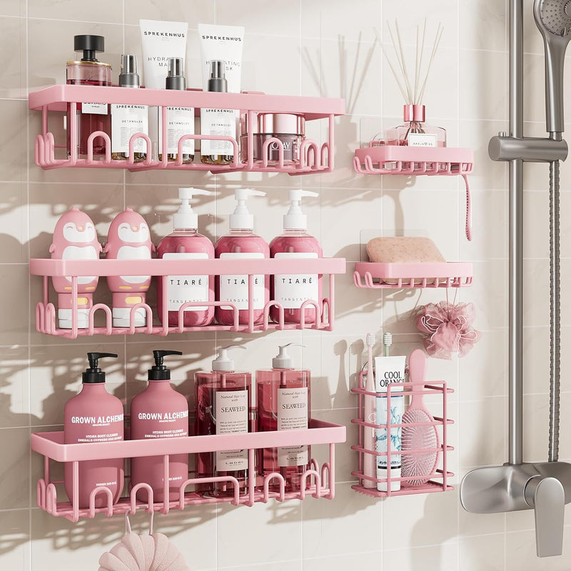 Veken Rustproof Shower Caddy 6-Pack, No Drilling & Waterproof Adhesive Shower Shelves Rack with Soap Holder, Large Capacity Bathroom Organizers and Storage, Wall-Mounted Kitchen & Home Decor