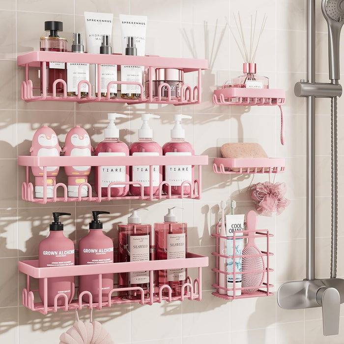 Veken Rustproof Shower Caddy 6-Pack, No Drilling & Waterproof Adhesive Shower Shelves Rack with Soap Holder, Large Capacity Bathroom Organizers and Storage, Wall-Mounted Kitchen & Home Decor