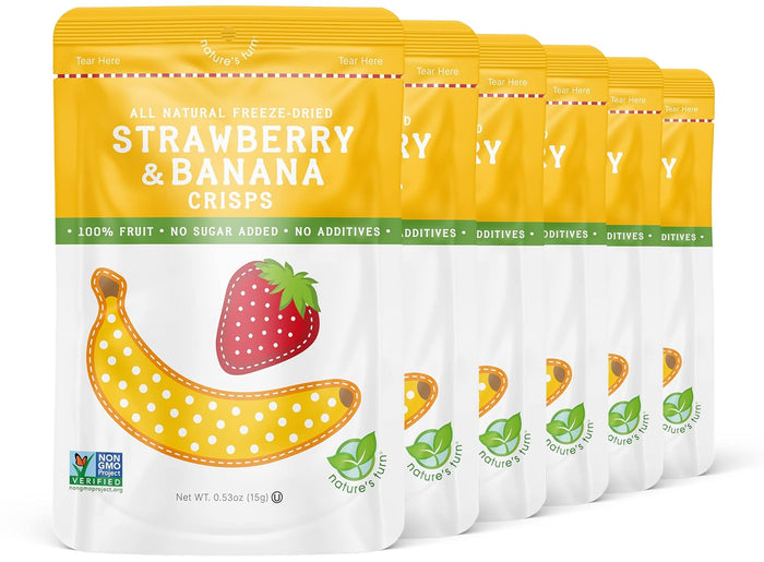 Nature’s Turn Freeze-Dried Strawberry Banana Crisps – Healthy, Gluten-Free, Crispy & Delicious, Plant-Based Snack, Ideal for Cereal, Smoothies, School Lunches, & On-the-Go, Bags of 6 (0.53 oz Each)
