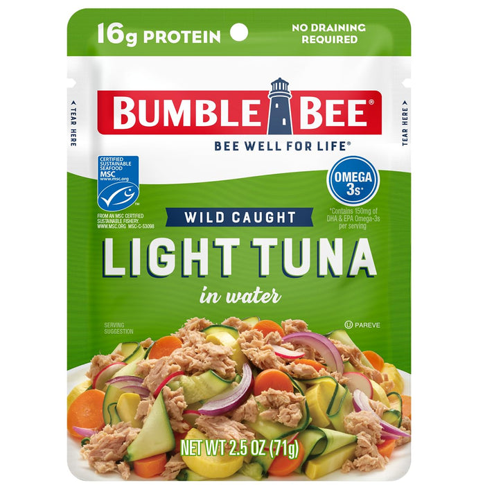 Bumble Bee Chunk Light Tuna in Water, 2.5 oz Pouches (Pack of 12) - Ready to Eat Wild Caught Skipjack Tuna Packet - 16g Protein per Serving - MSC Sustainable Seafood, Non-GMO, Gluten Free, Kosher