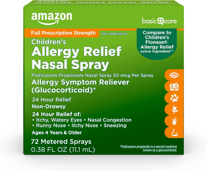 Amazon Basic Care 24-Hour Allergy Relief Nasal Spray, Fluticasone Propionate (Glucocorticoid), 50 mcg, Full Prescription Strength, Non-Drowsy, 0.62 fl oz (Pack of 1)