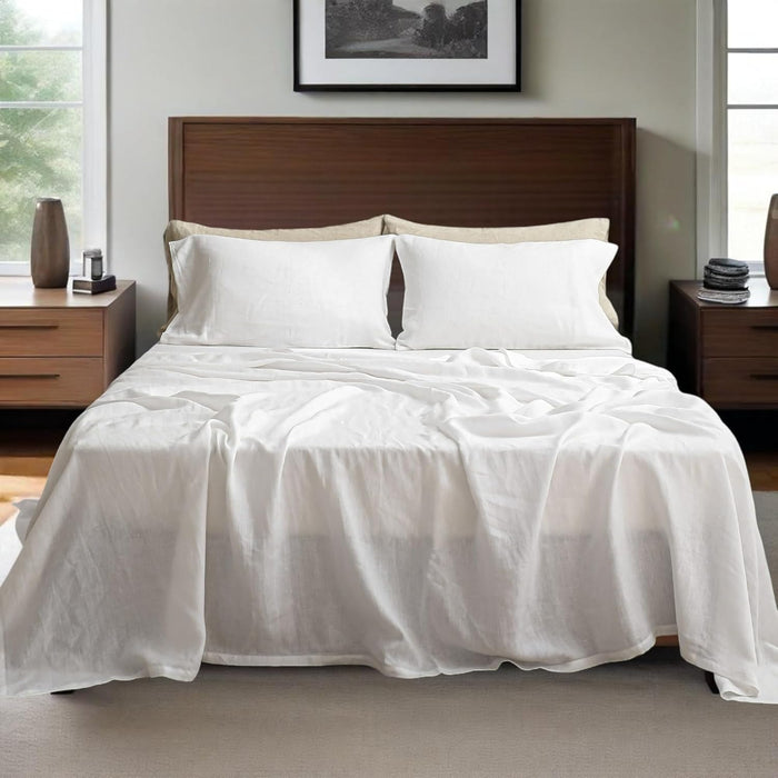 100% Natural Linen Sheets Set 4 Piece - Washed Linen Bedding Set with 16" Deep Pocket Fitted Sheet, Flat Sheet & 2 Pillowcases, Breathable Durable for All Seasons (White, Queen)