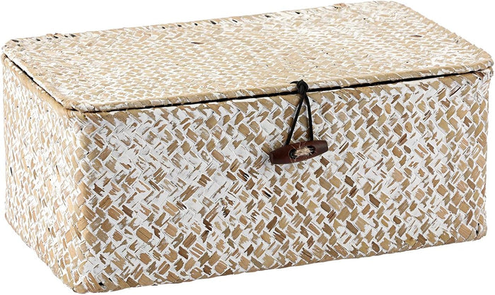 Hipiwe Wicker Shelf Baskets Bin with Lid, Handwoven Seagrass Basket Storage Bins Rectangular Household Basket Boxes for Shelf Wardrobe Home Organizer, Coffee Small