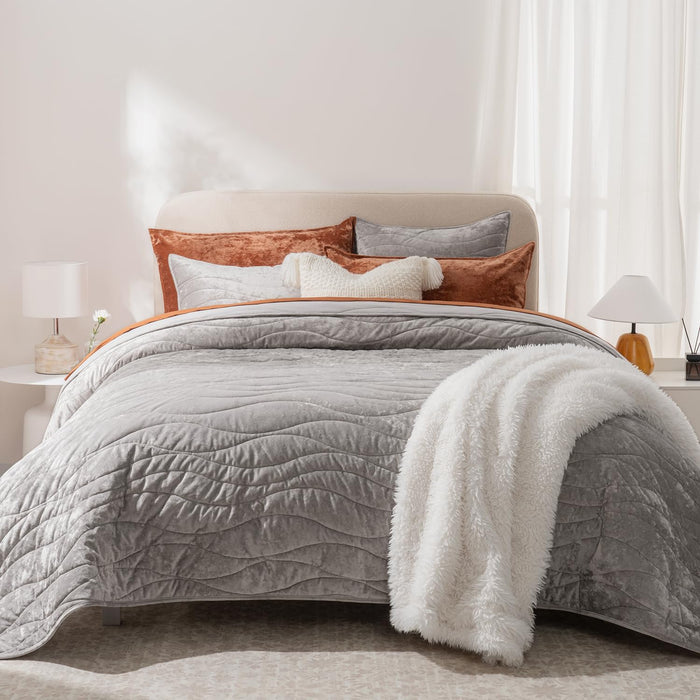 EVERGRACE Velvet Quilt Set King Size, Luxurious Soft Quilted Bedding Sets, Lightweight Velvet Comforter for All Season, Striped Channel Bedspread Coverlet with 2 Shams, Terracotta Clay
