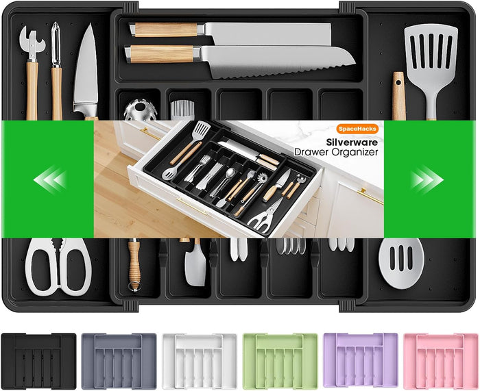 Silverware Organizer，Adjustable & Expandable Utensil Drawer Organizer, BPA Free Utensil Holder, Cutlery Tray for Forks, Spoons, Knives in Kitchen, Medium, Black