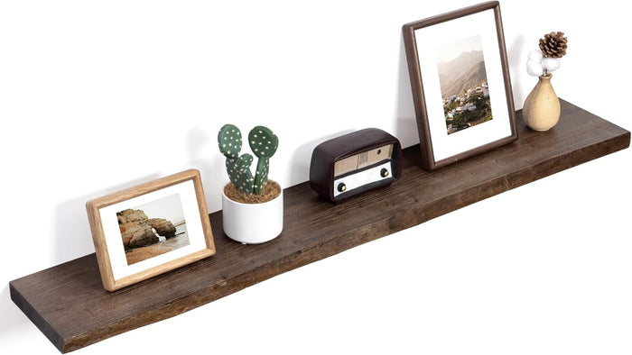 Floating Shelves for Wall Decor, Rustic Solid Elm Wood Live Edge Floating Shelves Wall Mounted, Wall Shelves with Invisible Bracket for Living Room Bathroom Bedroom Kitchen, 48 Inch, Walnut