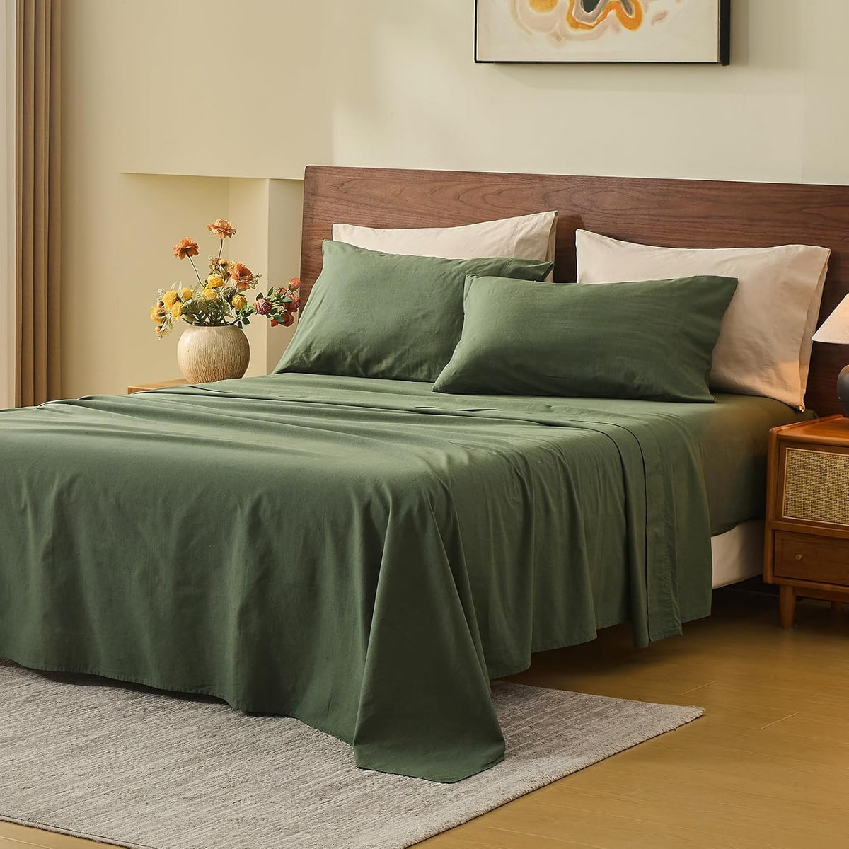 MEISHANG 100% French Pure Linen Sheets King Size - Bed Sheets 4 Piece Sets, Soft Durable Flax Linen, Anti-Tear Breathable Oeko-Tex Certified with 16" Deep Pocket (Orange)
