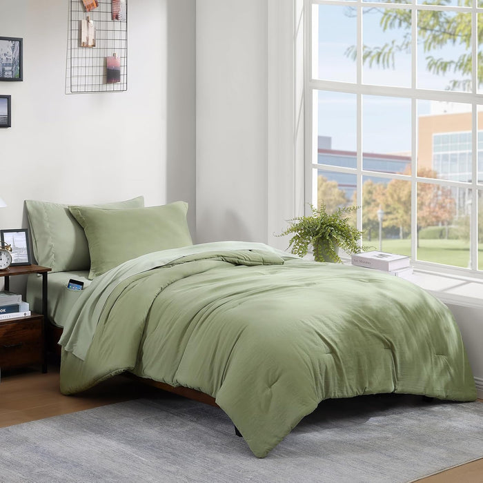 WRENSONGE Queen Comforter Set - 7 Pieces Sage Green Soft Bed in a Bag Queen with Fitted Sheet, Flat Sheet, 2 Pillow Shams, and 2 Pillowcases- Warm Bedding Sets Queen for All Season