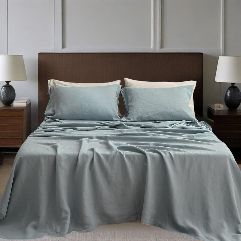100% Natural Linen Sheets Set 4 Piece - Washed Linen Bedding Set with 16" Deep Pocket Fitted Sheet, Flat Sheet & 2 Pillowcases, Breathable Durable for All Seasons (White, Queen)
