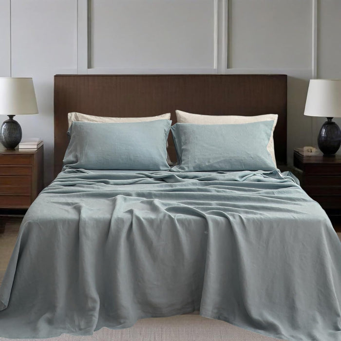 100% Natural Linen Sheets Set 4 Piece - Washed Linen Bedding Set with 16" Deep Pocket Fitted Sheet, Flat Sheet & 2 Pillowcases, Breathable Durable for All Seasons (White, Queen)