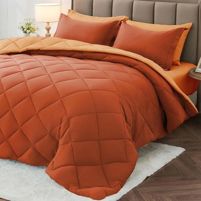 MUXHOMO 7 Pieces Queen Comforter Set, Reversible Bed in a Bag Queen Size, All Season Bedding Set with Comforter, Flat Sheet, Fitted Sheet, Pillowcases & Shams, Pink & Light Grey
