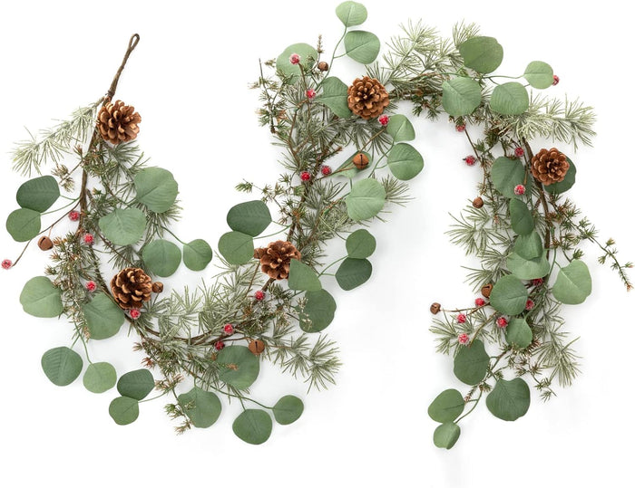 LOHASBEE Christmas Garland, 6FT Festive Christmas Garland with Green Leaves, Red Berries, and Pine Cones - Perfect for Christmas Holiday Decor Garden Gate Home Wall Window Stair Decor