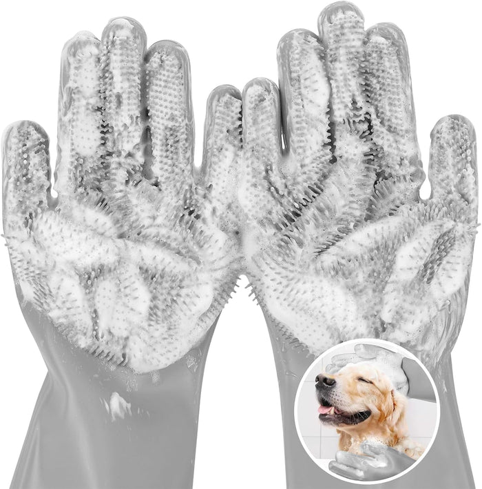 Pecute Pet Grooming Gloves - Heat Resistant Silicone Gloves with High-Density Teeth, Enhanced Five Finger Design for Bathing and Massaging Dogs and Cats, Blue