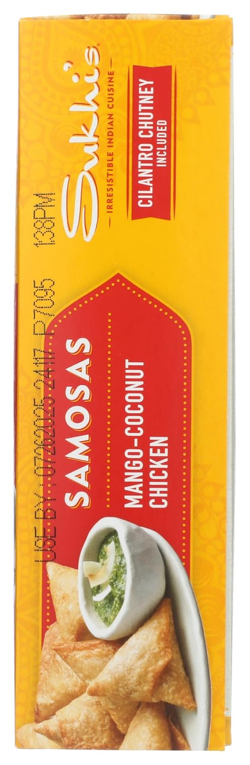 Sukhi's Indian Mango Coconut Chicken Samosa Frozen Appetizer Snack with Cilantro Chutney Dipping Sauce 10oz